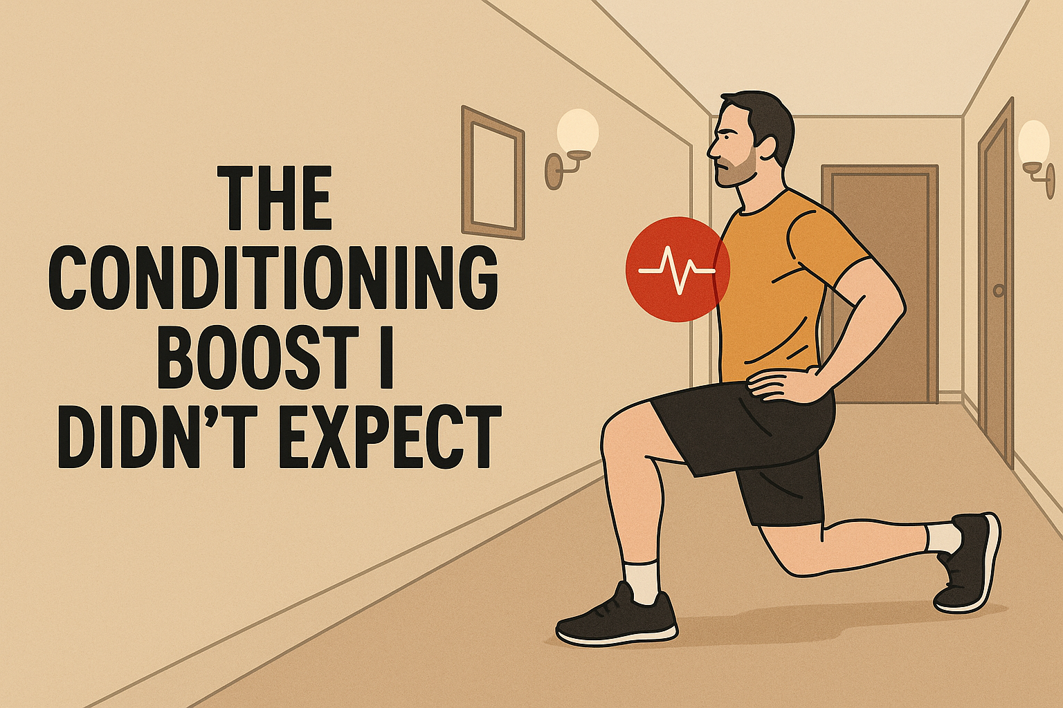 Conditioning-boost-daily-lunges-illustration-showing-man-performing-lunge-with-heart-rate-icon-in-hallway