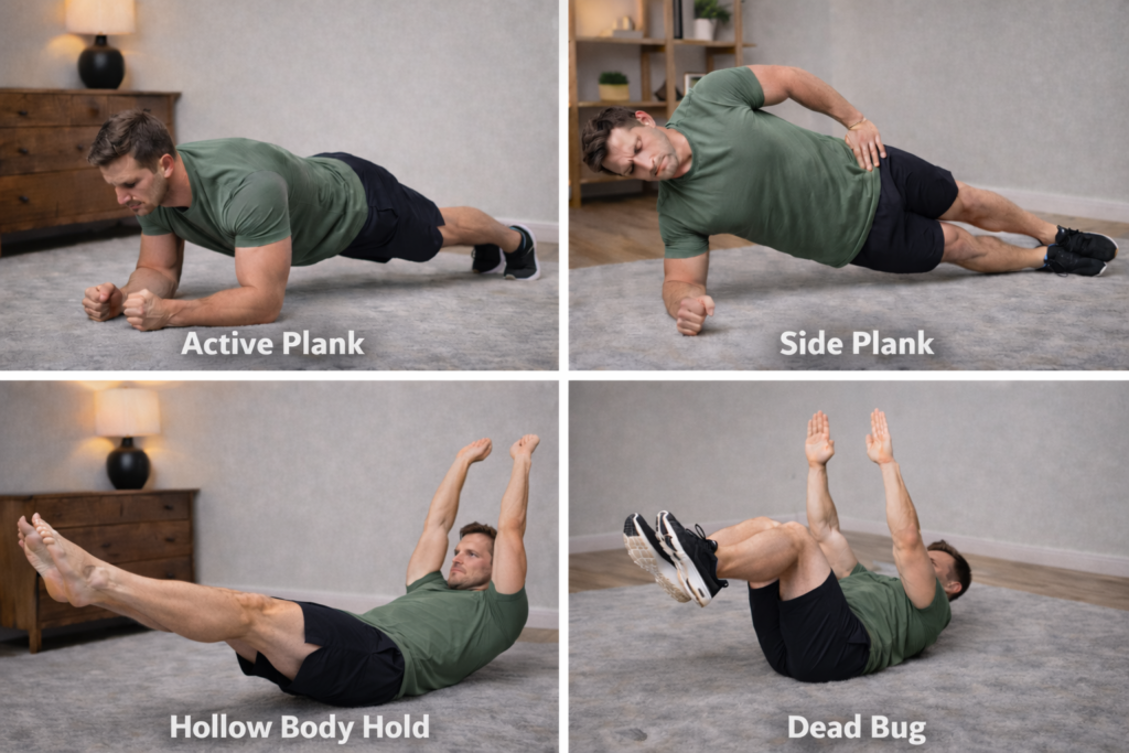 Four-core-exercises-active-plank-side-plank-hollow-body-hold-and-dead-bug
