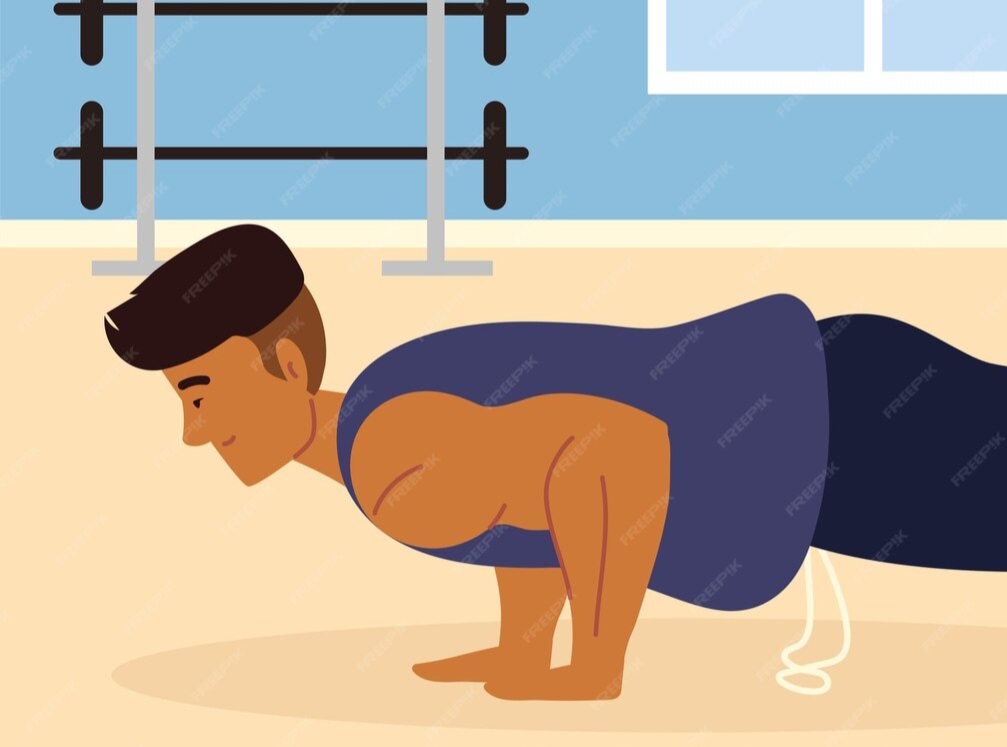 Cartoon-athlete-performing-diamond-push-up-in-gym-setting