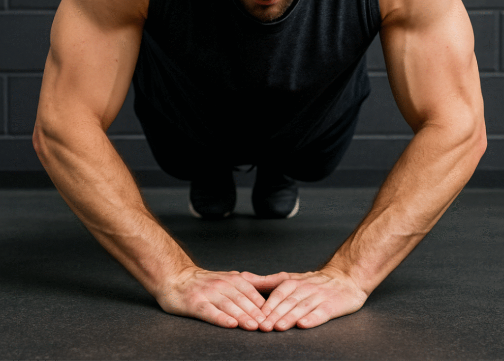 Man-doing-diamond-push-up-with-hands-on-floor