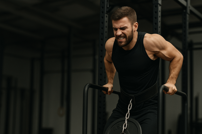 Man-performing-weighted-dips-with-dip-belt-showing-limited-movement-in-gym