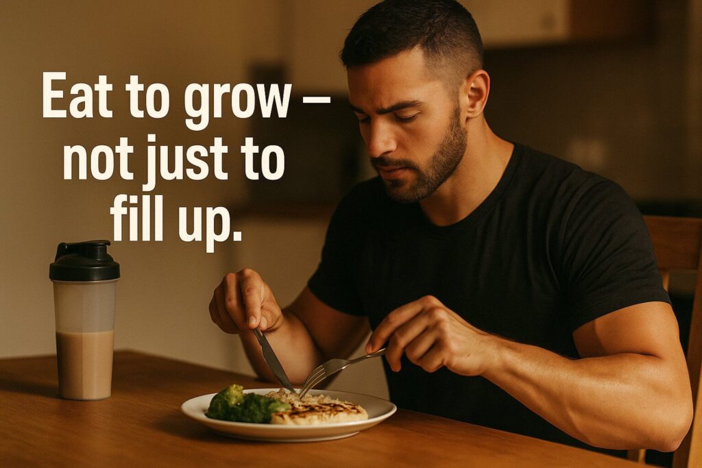 Man-eating-healthy-post-workout-meal-with-text-eat-to-grow-not-just-to-fill-up