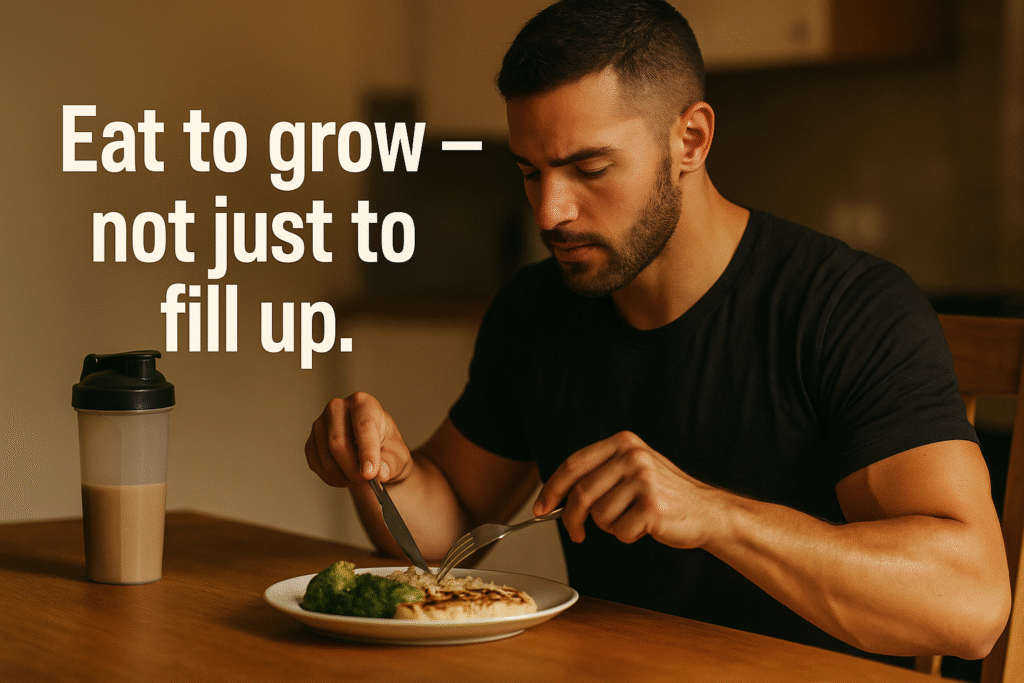Man-eating-healthy-post-workout-meal-with-text-eat-to-grow-not-just-to-fill-up