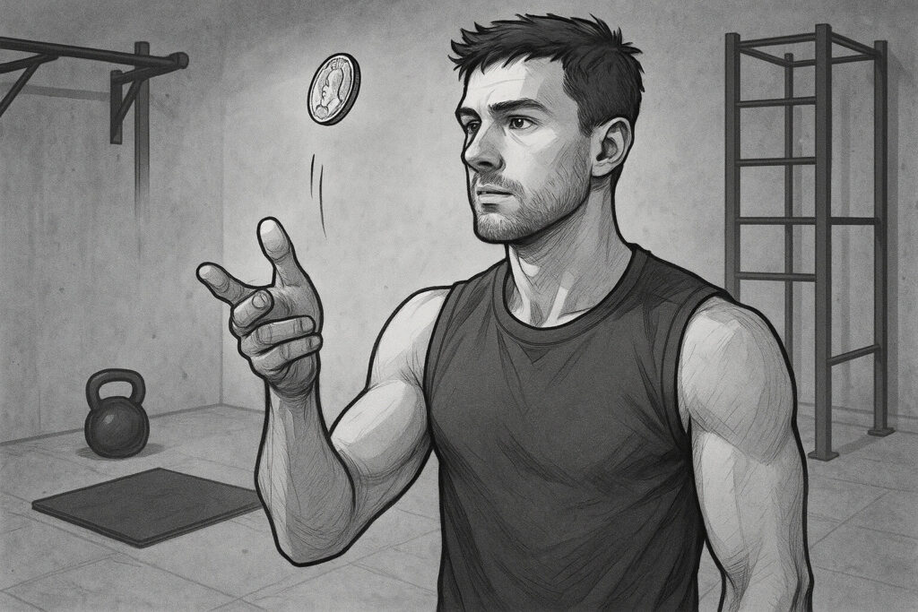 Man flipping coin before home workout for spontaneous training motivation