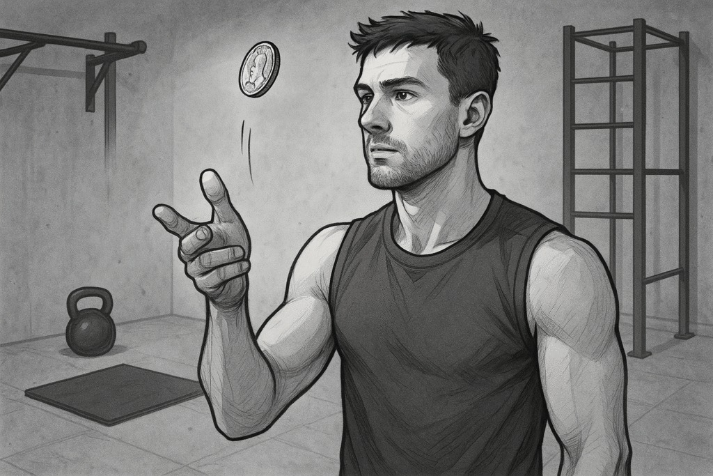 Man flipping coin before home workout for spontaneous training motivation