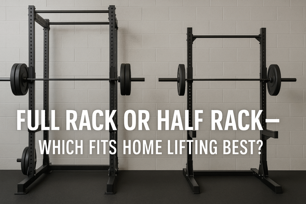 Side-by-side-comparison-of-full-rack-and-half-rack-in-home-gym-for-lifting