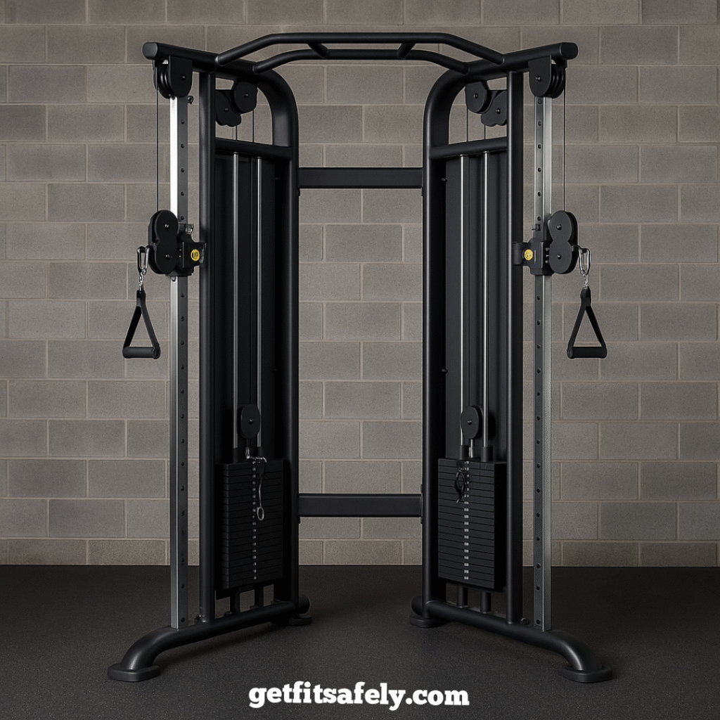 Realistic-functional-trainer-machine-in-modern-home-gym-with-dual-pulleys-and-weight-stacks