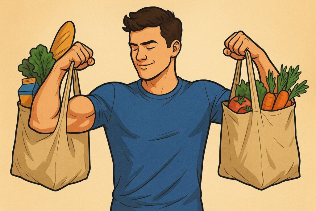 Man-doing-bicep-curls-with-grocery-bags-in-realistic-cartoon-style