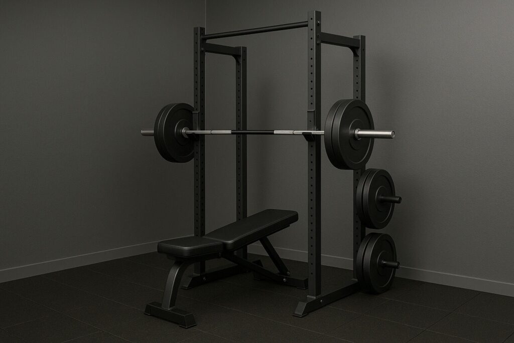Empty-half-rack-with-barbell-and-bench