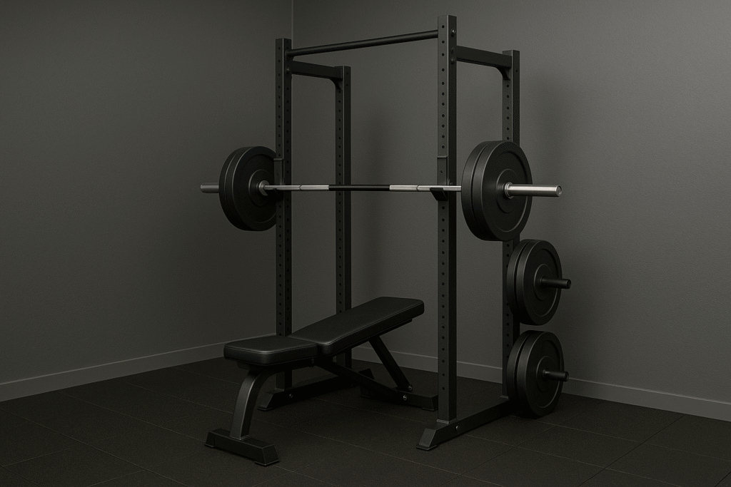 Empty-half-rack-with-barbell-and-bench