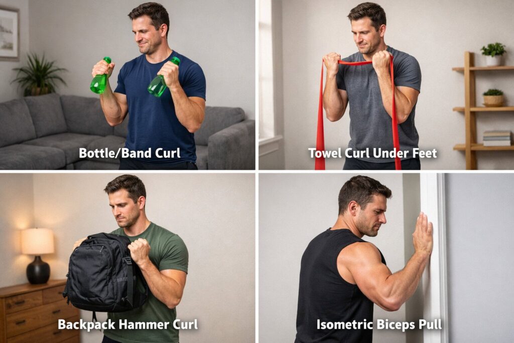 Four-at-home-biceps-exercises-with-bottles-towel-backpack-and-isometric-pull