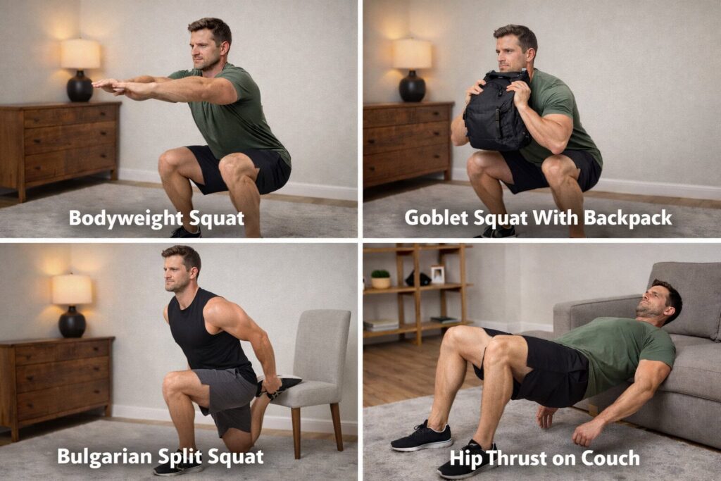 Four-home-leg-exercises-bodyweight-squat-goblet-squat-bulgarian-split-squat-and-hip-thrust