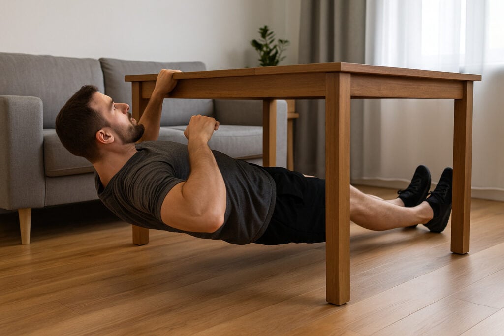 Man-performing-inverted-rows-under-dining-table-to-train-lats