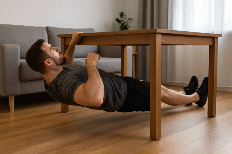 Man-performing-inverted-rows-under-dining-table-to-train-lats