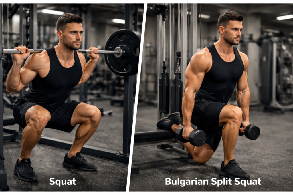 Leg-training-showing-barbell-squat-and-bulgarian-split-squat