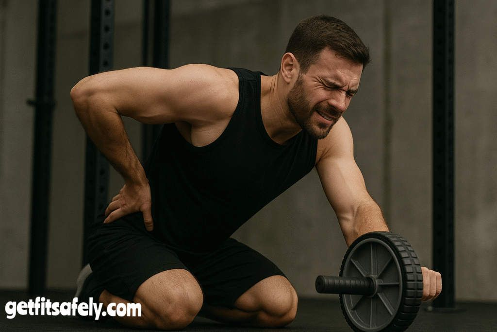 Man-experiencing-lower-back-pain-while-performing-ab-wheel-rollout-in-gym