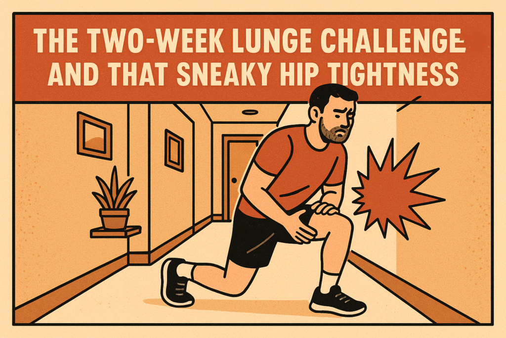 Lunge-challenge-hip-tightness-illustration-in-a-hallway-with-man-performing-lunge-and-graphic-highlight-on-hip-area