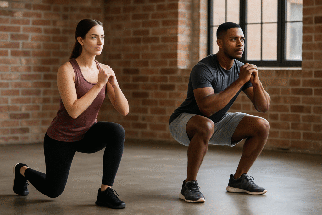 Woman-doing-lunge-and-man-doing-squat-in-gym