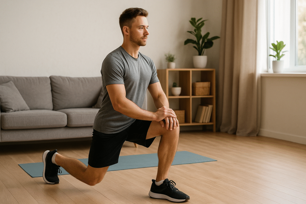 Forward-lunge-in-bright-living-room