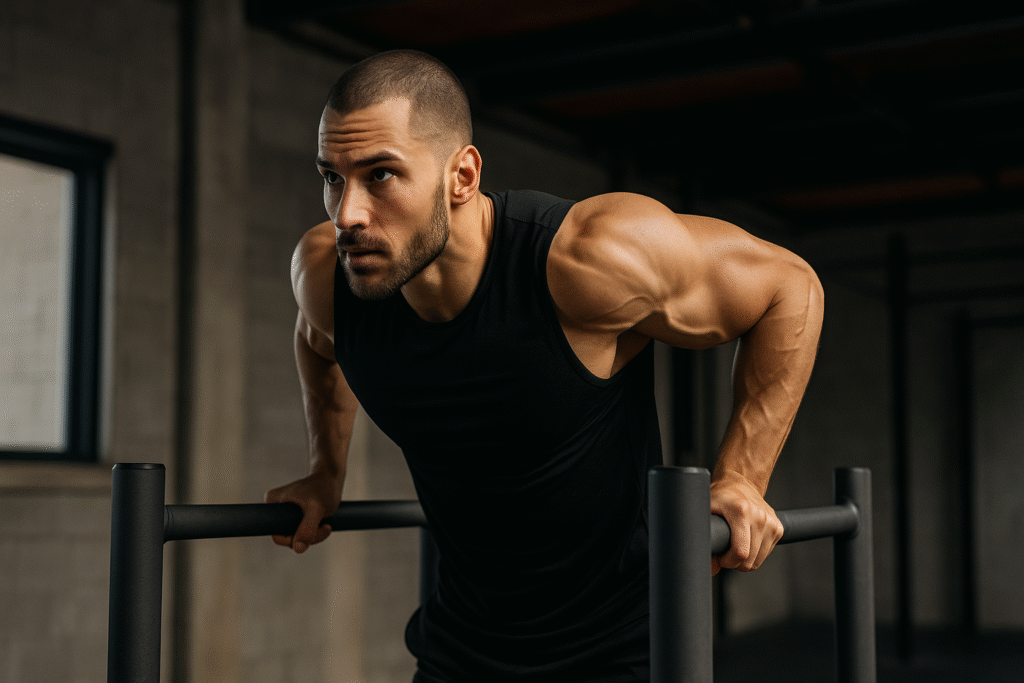 Man-doing-bodyweight-dips-on-parallel-bars-for-triceps-activation