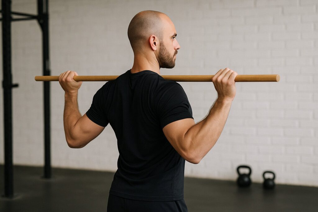 Athlete-performing-stick-scapular-retractions-in-horizontal-fitness-setting