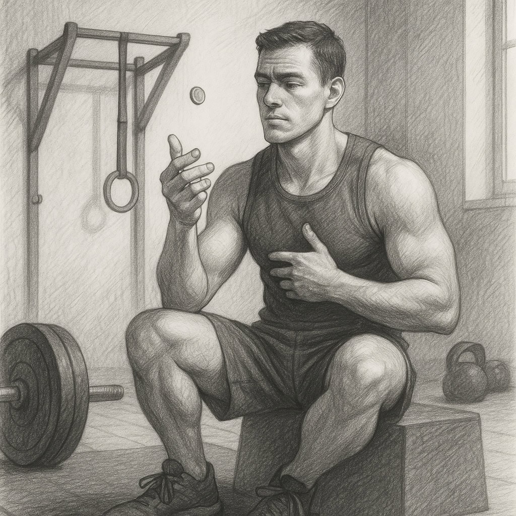 Athlete-sitting-on-gym-box-flipping-coin-mid-workout-in-calm-focused-moment