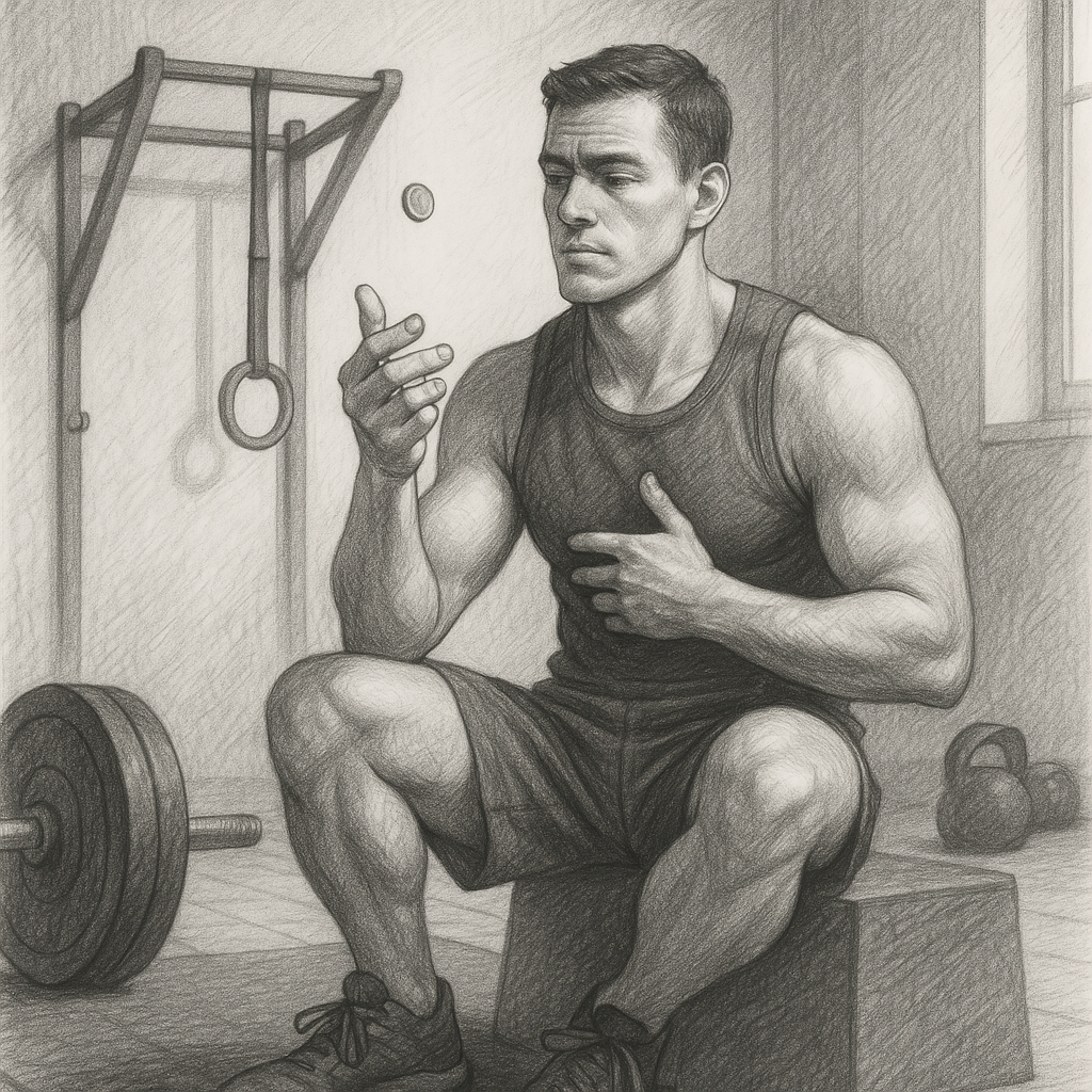 Athlete-sitting-on-gym-box-flipping-coin-mid-workout-in-calm-focused-moment