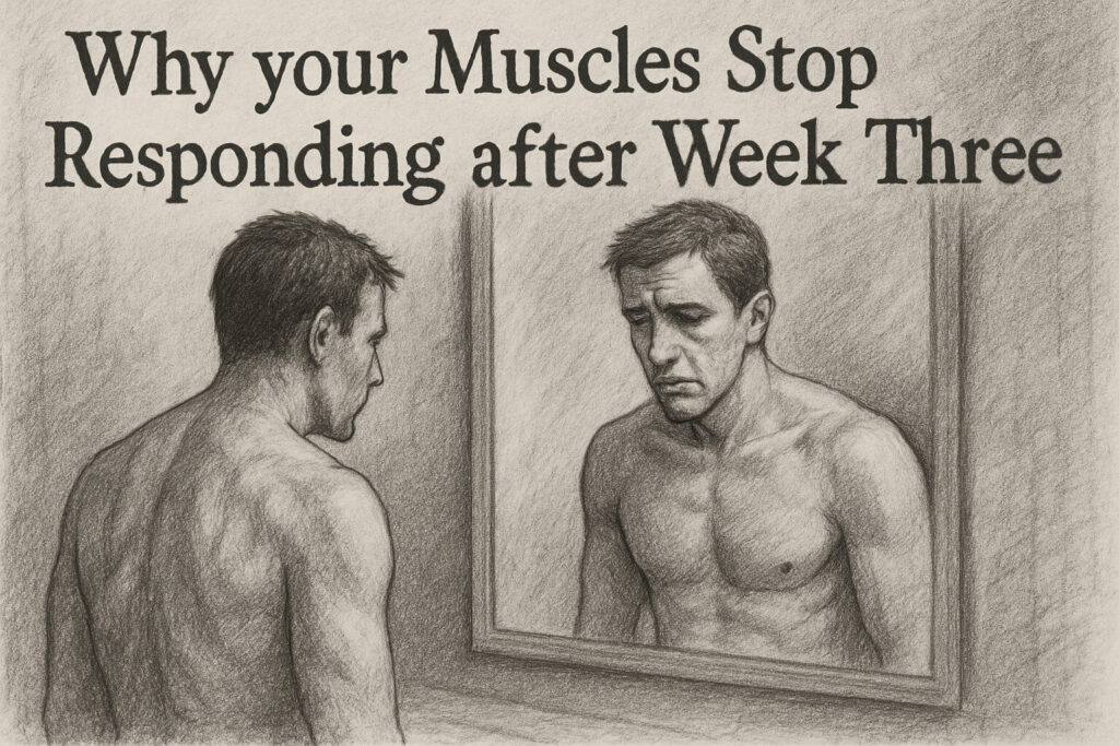 Man-looking-disappointed-in-mirror-showing-muscle-stagnation-and-frustration