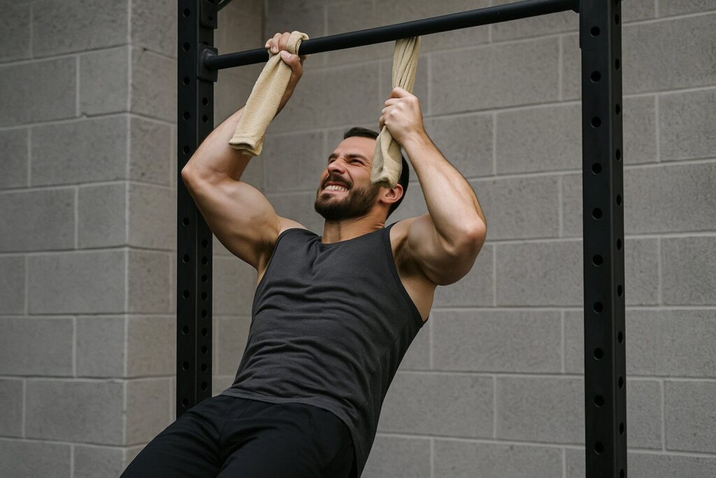 Man-performing-towel-pull-up-with-both-arms-holding-rolled-towels-for-max-grip-activation