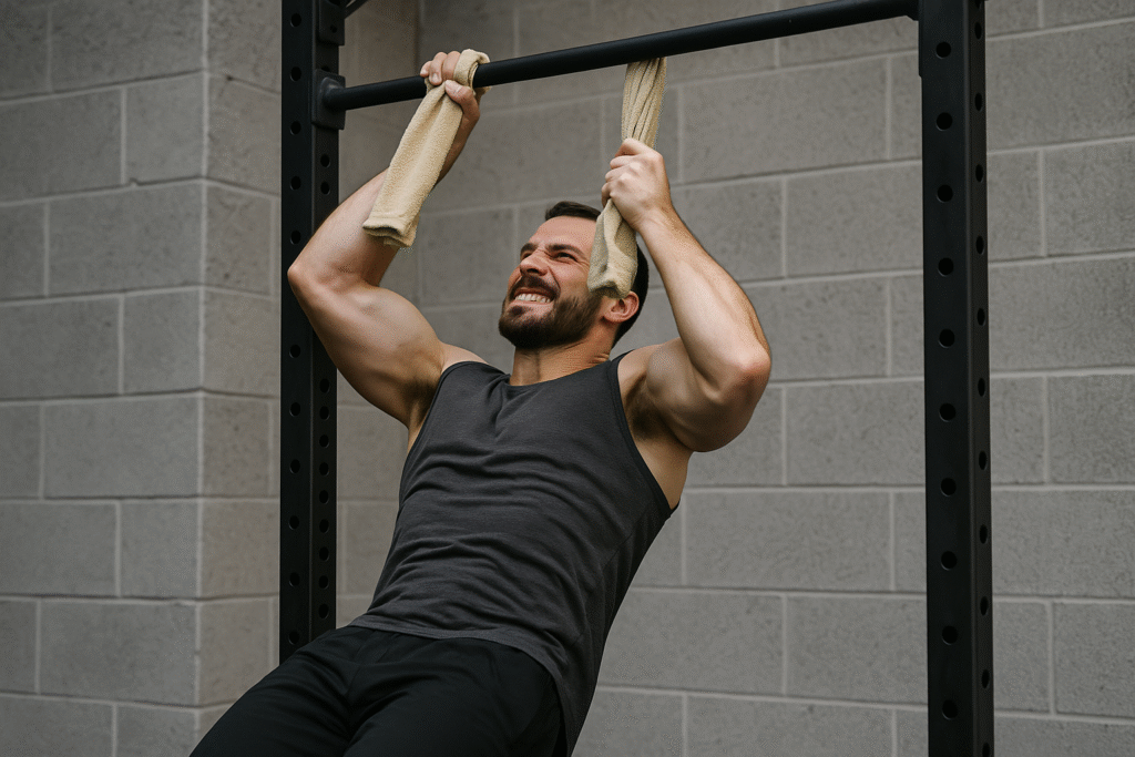 Man-performing-towel-pull-up-with-both-arms-holding-rolled-towels-for-max-grip-activation