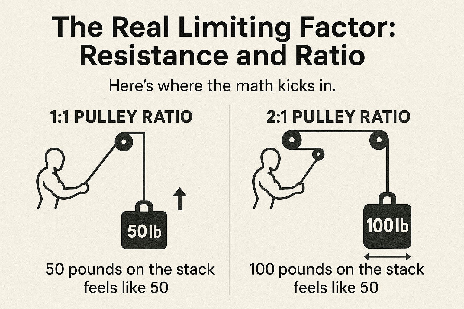 Comparison-between-1-to-1-and-2-to-1-pulley-ratio-showing-how-resistance-and-cable-travel-change-in-compact-and-commercial-cable-systems