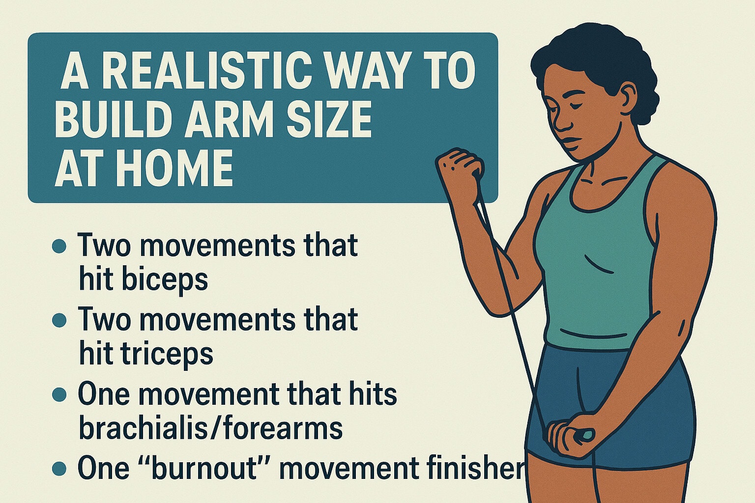 Infographic-showing-a-woman-performing-band-curls-with-guidelines-for-building-arm-size-at-home