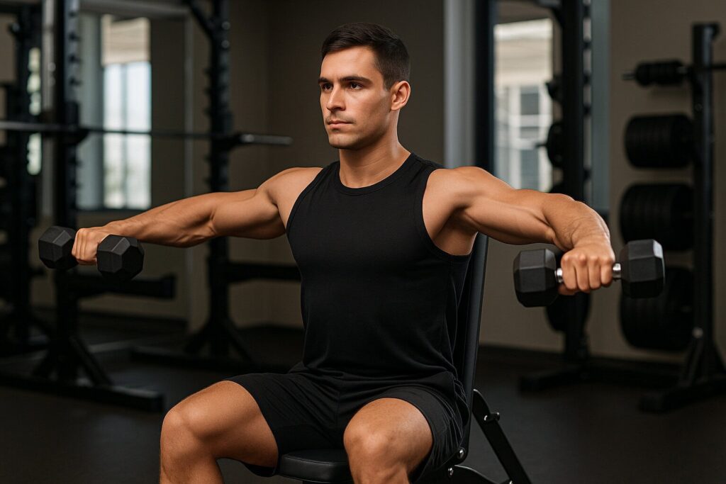 Man-performing-seated-dumbbell-lateral-raises-with-correct-shoulder-positioning