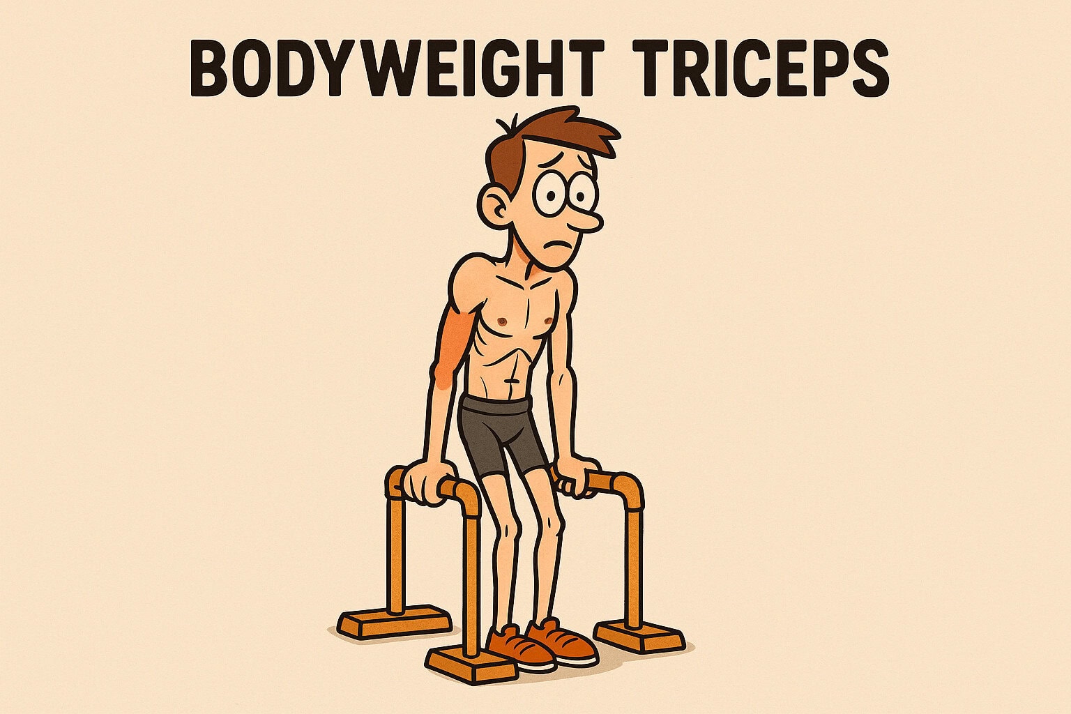 Cartoon-skinny-man-performing-bodyweight-triceps-dip-on-parallettes-horizontal-illustration