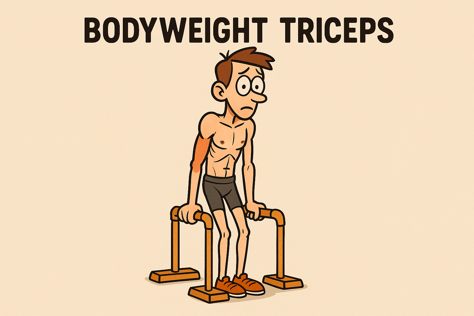 Cartoon-skinny-man-performing-bodyweight-triceps-dip-on-parallettes-horizontal-illustration
