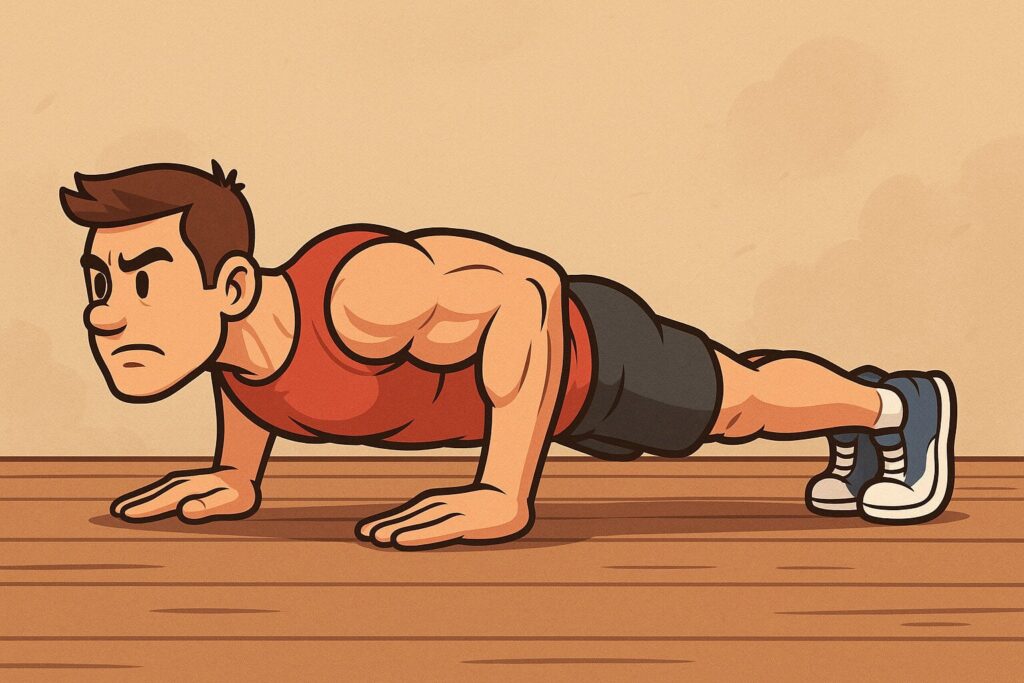 Cartoon-athlete-doing-slow-push-up-horizontal-style