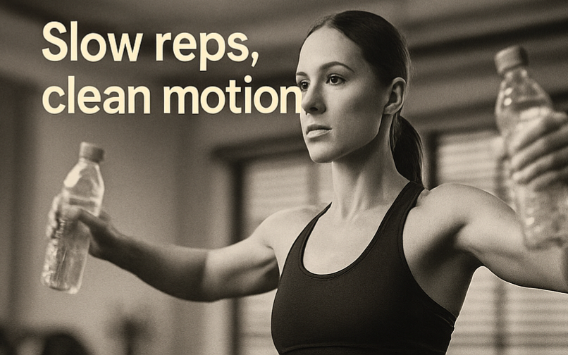 Silhouette-performing-shoulder-raises-with-rice-bottles