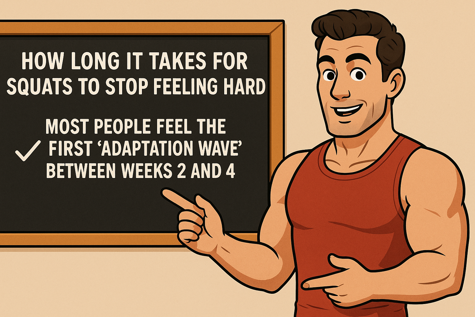 Muscular-cartoon-man-explaining-squat-adaptation-on-chalkboard