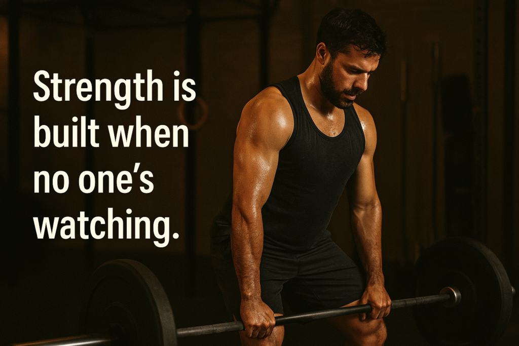 Man-lifting-barbell-alone-in-dim-gym-with-text-strength-is-built-when-no-ones-watching