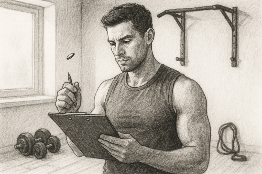 Athlete-writing-workout-notes-while-flipping-coin-in-home-gym-setting