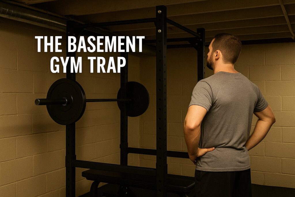 Man-looking-up-at-power-rack-in-low-ceiling-basement-gym