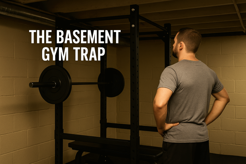 Man-looking-up-at-power-rack-in-low-ceiling-basement-gym