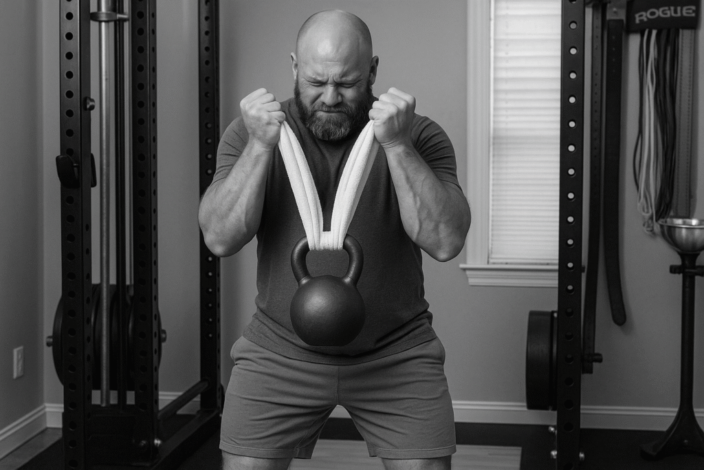Man-performing-towel-curl-with-kettlebell