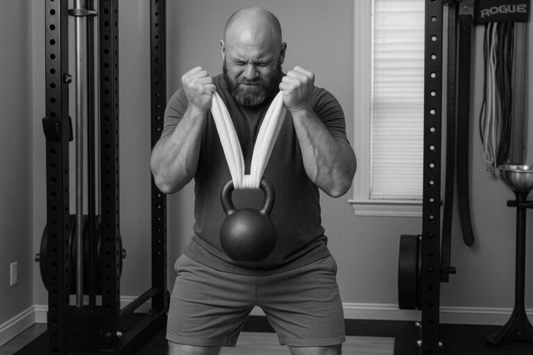 Man-performing-towel-curl-with-kettlebell