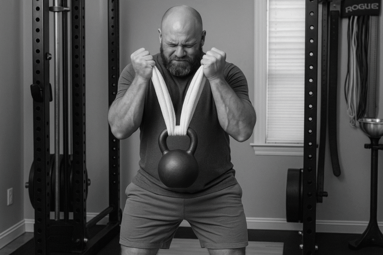 Man-performing-towel-curl-with-kettlebell