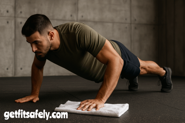 Athlete-doing-push-up-with-towel-under-one-hand