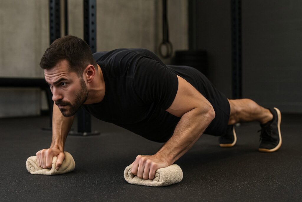 Man-performing-towel-grip-push-up-with-rolled-towels-for-forearm-activation