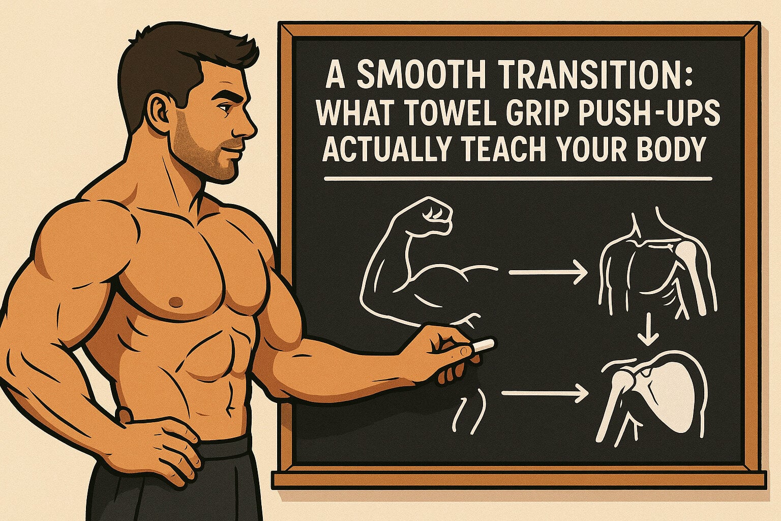 Cartoon-muscular-man-teaching-towel-grip-pushups