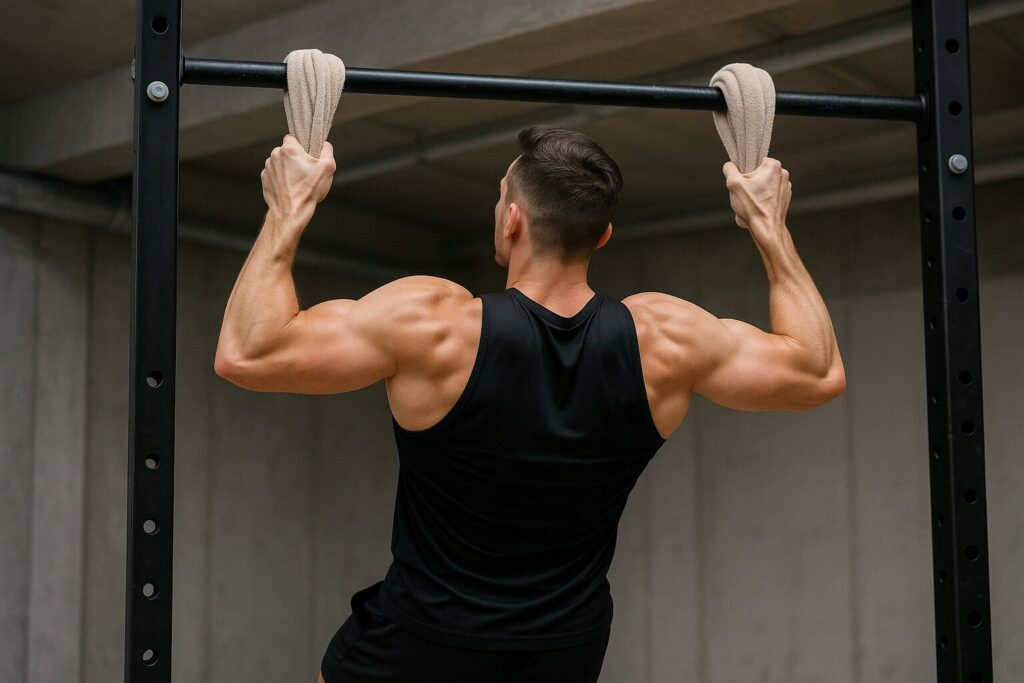 Athlete-performing-towel-pull-up-using-both-arms-for-max-grip-activation