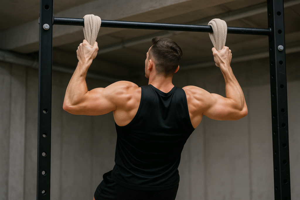 Athlete-performing-towel-pull-up-using-both-arms-for-max-grip-activation
